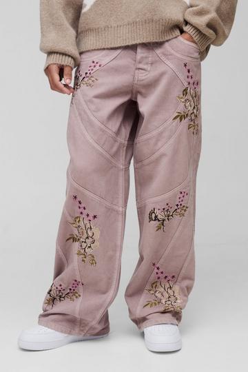 Baggy Heavyweight Twill Panelled Embroidery Trousers purple