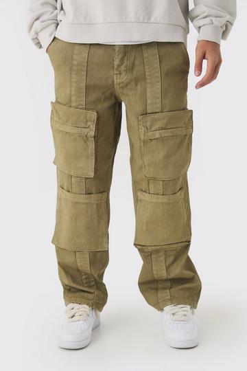 Olive Green Relaxed Twill Overdye Multi Pocket Cargo Trousers