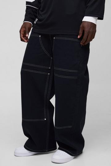 Black Baggy Twill Contrast Stitch Carpenter Trousers