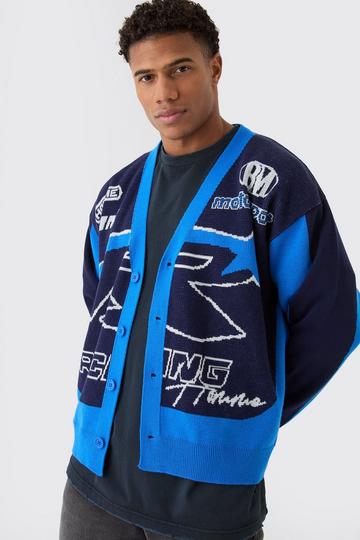 Oversized Boxy Moto Racing Knitted Cardigan cobalt