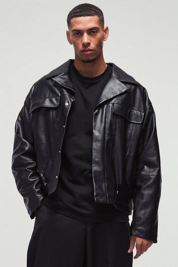 Oversized Official Boxy PU Collared Bomber Jacket in Black black