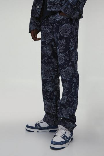 Straight Leg Floral Denim Jacquard Jeans indigo