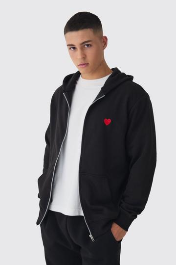 Zip Through Heart Embroidered Hoodie black