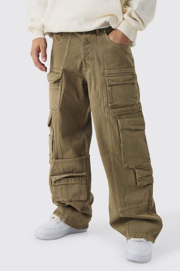 Baggy Fit Acid Wash Denim Cargo Jeans olive