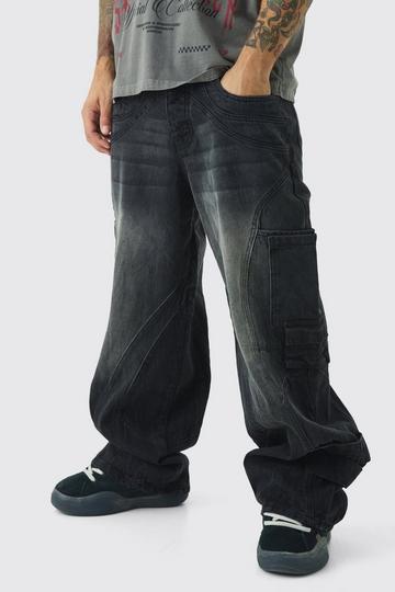 Baggy Fit Washed Buckle Strap Cargo Jeans washed black