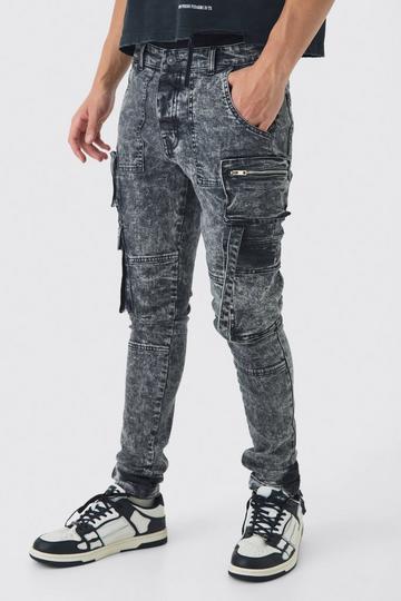 Black Super Skinny Stretch Black Acid Wash Cargo Jeans