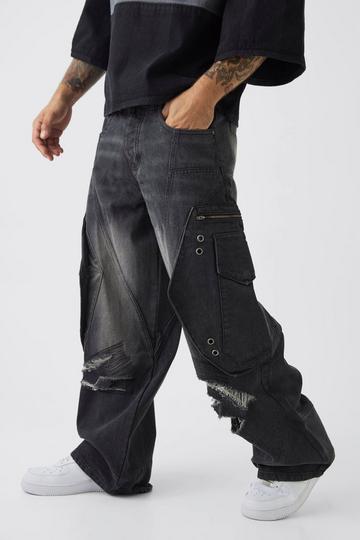 Baggy Fit Ripped 3D Cargo Jeans washed black