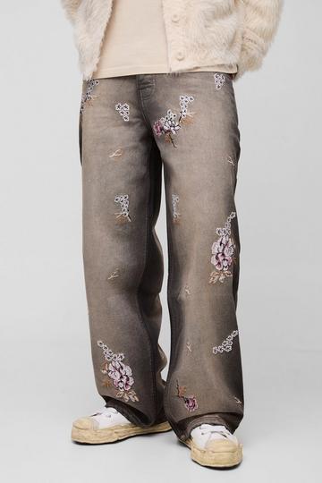 Brown Baggy Rigid Floral Embroidered Jeans