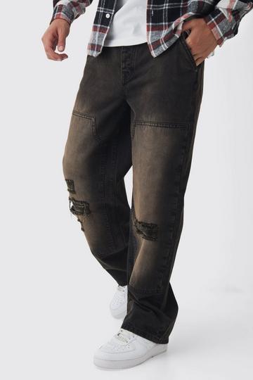 Dark Brown Relaxed Rigid Dirty Wash Ripped Carpenter Denim Jeans