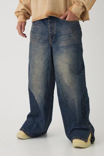 Baggy Rigid Extreme Washed Split Hem Denim Jeans antique blue