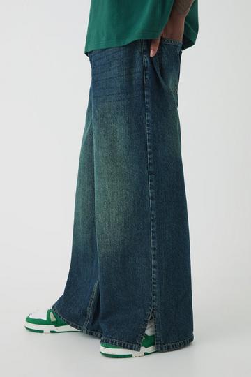 Green Baggy Rigid Extreme Washed Split Hem Denim Jeans