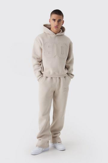 Oversized Boxy Varsity Embossed Hoodie Tracksuit taupe