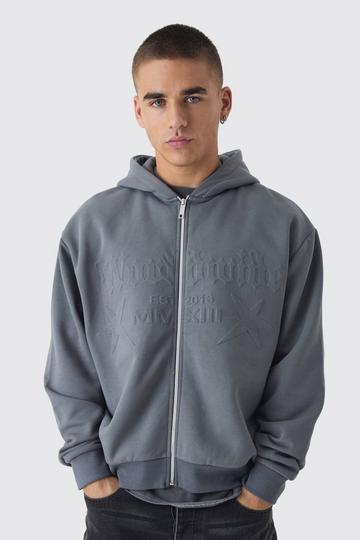 Oversized Boxy Worldwide Embossed Zip Through Hoodie charcoal