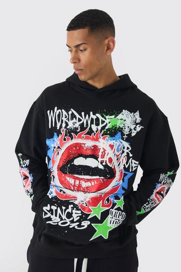 Oversized Lip Graffiti Graphic Hoodie black