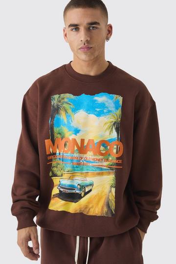 Oversized Extended Neck Monaco Printed Sweatshirt chocolate