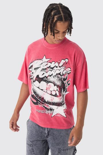 Red Oversized Boxy Washed Lip Graphic T-Shirt