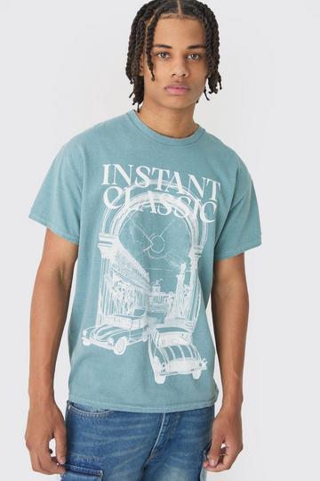 Gebleekt T-Shirt Met Print En Lijntekening teal