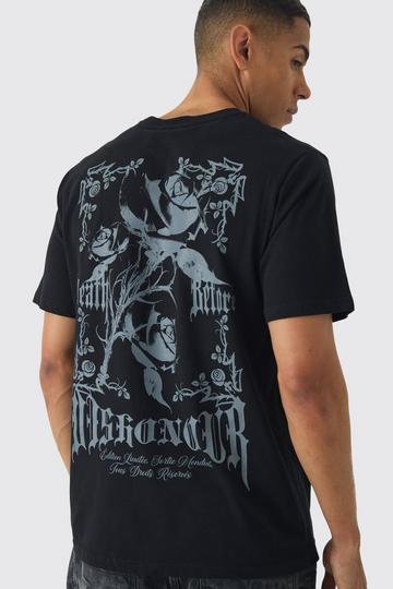 Monochroom Renaissance Bloemenprint T-Shirt black