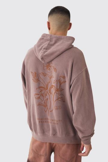 Oversized Washed Floral Line Drawing Printed Hoodie mocha