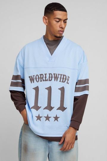 Wafel Gebreid Varsity Moto Print T-Shirt Met V-Hals En Neplaag blue