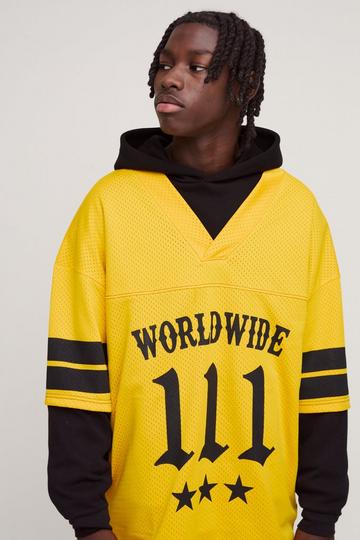 Yellow Varsity V Neck Moto Print Waffle & Airtex T-Shirt With Faux Layer Hem