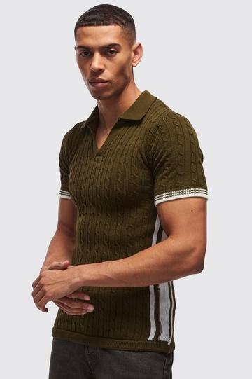 Muscle Fit V Neck Knitted Polo Shirt khaki