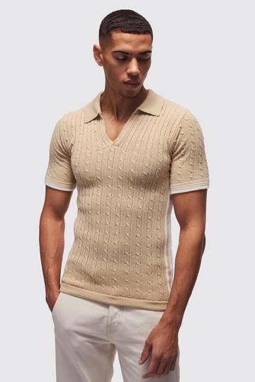 Muscle Fit V Neck Knitted Polo Shirt stone