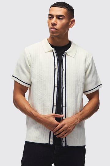 White Regular Fit Contrast Stripe Knitted Zip Up Polo Shirt