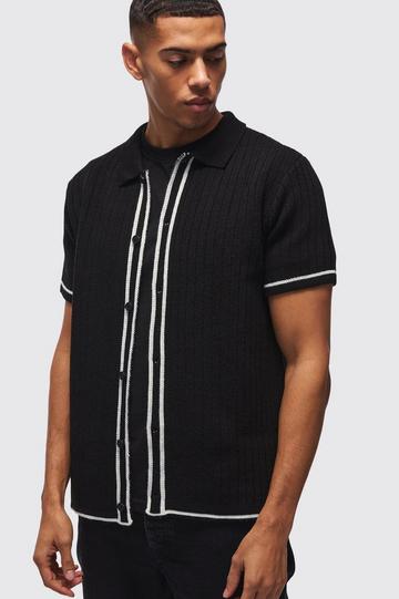 Black Regular Fit Contrast Stripe Knitted Zip Up Polo Shirt