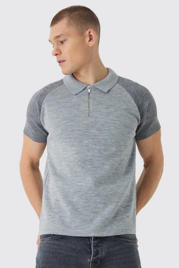 Grey Regular Contrast Sleeve Zip Up Knitted Polo Shirt