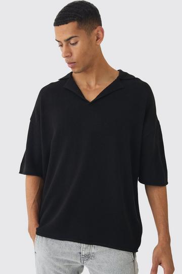 Black Oversized Dropped Shoulder Knitted Polo Shirt