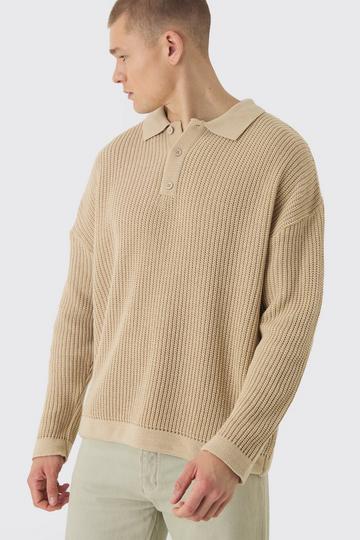 Stone Beige Oversized Boxy Chunky Knit Polo Jumper