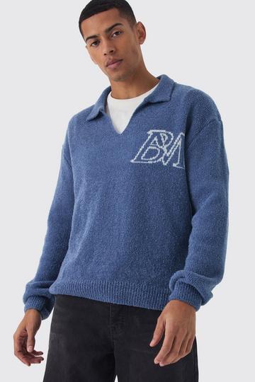 Oversized BM Boucle Knitted Polo Jumper blue