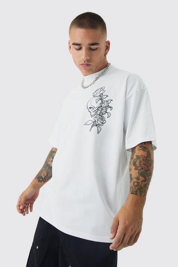 White Oversized Extended Neck Heavy Line Drawing Print T-Shirt