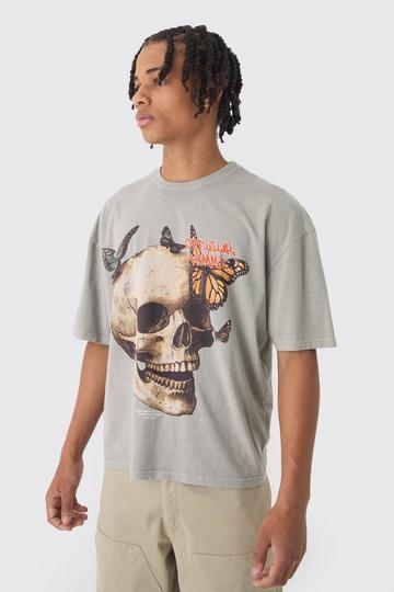 Oversized Boxy Washed Skull Butterfly Print T-Shirt stone