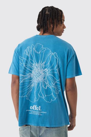 Oversized Washed Floral Line Drawing Back Print T-Shirt teal