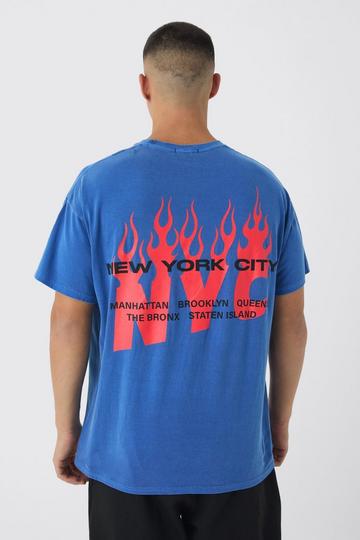 Oversized NYC Washed Flame Back Print T-Shirt cobalt