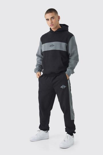 Black Regular Fit Man Diamond Colour Block Hooded Tracksuit