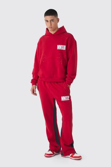 Oversized Boxy Man Paint Splatter Gusset Hooded Tracksuit red