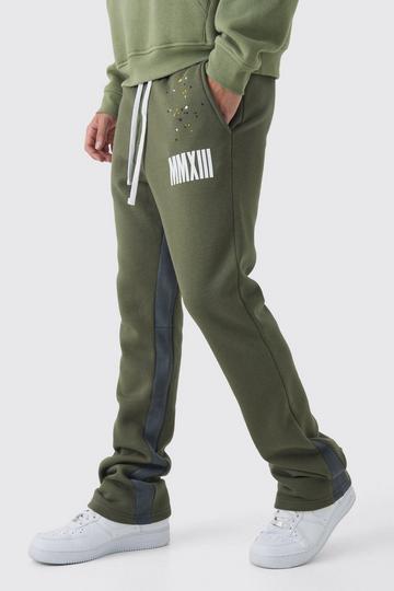 Khaki Slim Flared Stacked Fit Man Paint Splatter Flared Joggers