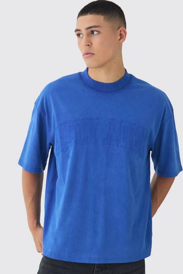 Oversized Boxy Heavyweight Slogan Embroidered Washed T-Shirt blue