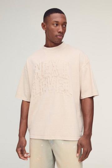 Boxy Heavyweight Embroidered Slogan Washed T-Shirt stone