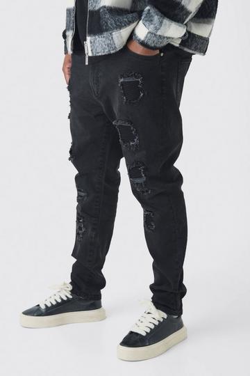 Black Plus Super Skinny Stretch Biker Rip & Repair Jeans in Washed Black