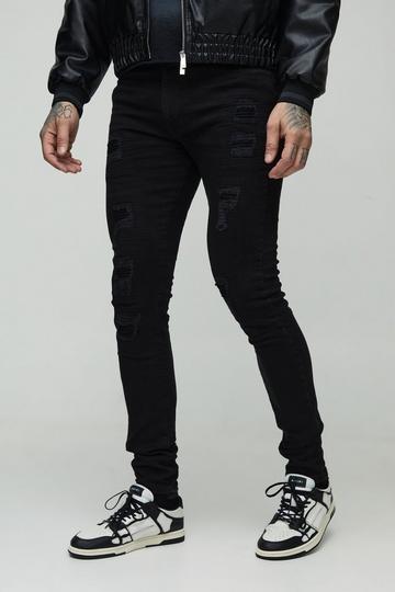 Tall Rip & Repair Stretch Super Skinny Biker Jeans in Zwart washed black