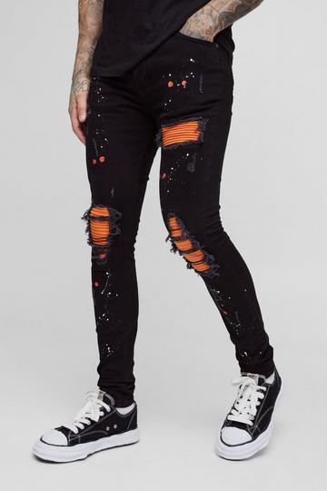 Tall Super Skinny Stretch Biker Rip & Repair Paint Splat Jeans black