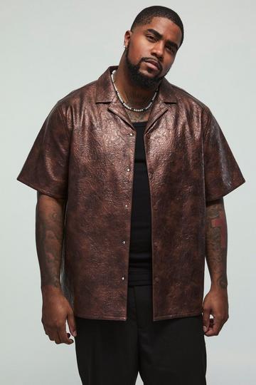 Plus Regular Fit Washed Textured PU Shirt chocolate