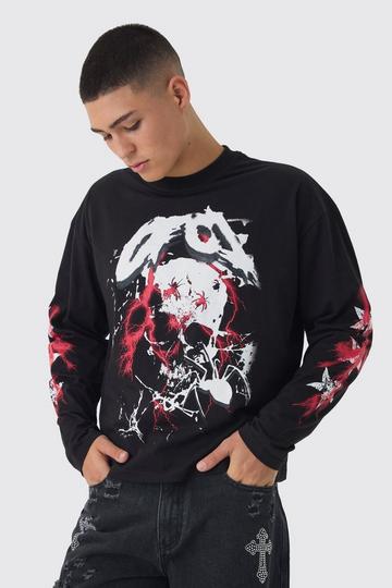 Oversized Boxy Heavyweight Multi Skull Print Long Sleeve T-Shirt black