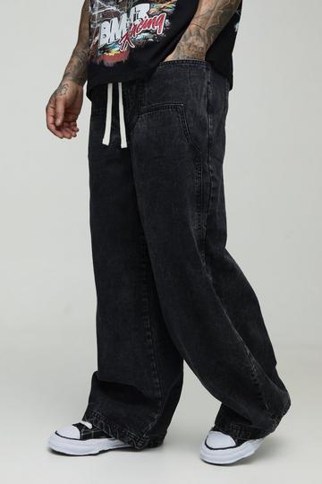 Black Tall Acid Wash Parachute Fit Elasticated Waist Carpenter Trousers