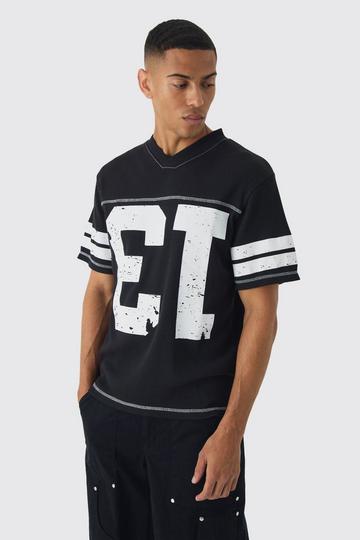 Varsity V Neck Waffle Print T-Shirt black