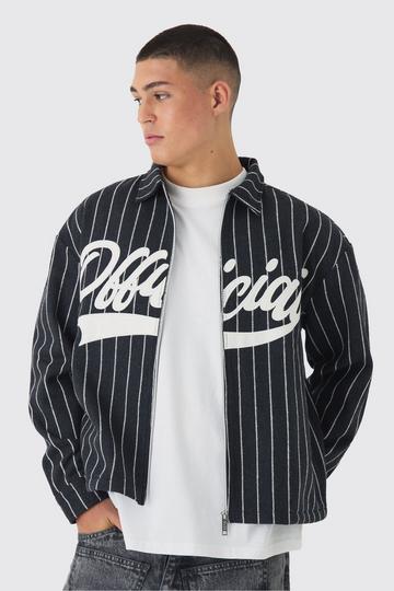 Black Oversized Pinstripe Applique Collared Overshirt